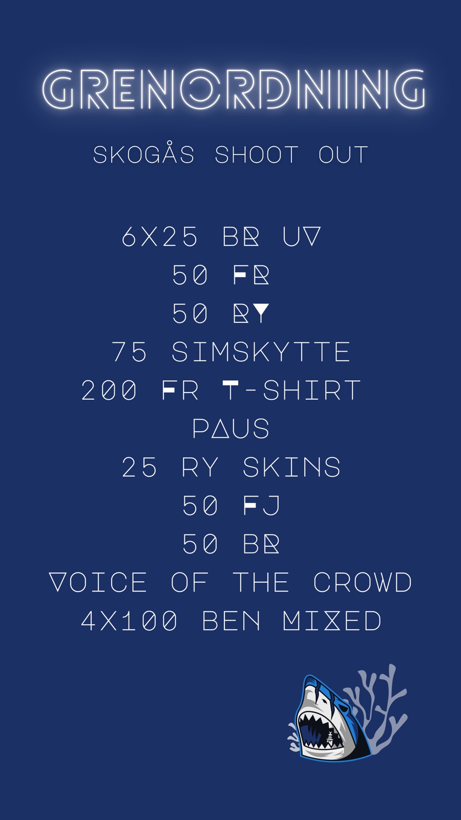 Grenordning Skogås Shoot Out: 6x25 BR UV, 50 FR, 50 RY, 75 simskytte, 200 FR t-shirt, paus, 25 RY skins, 50 FJ, 50 BR, Voice of the crowd, 4x100 ben mixed